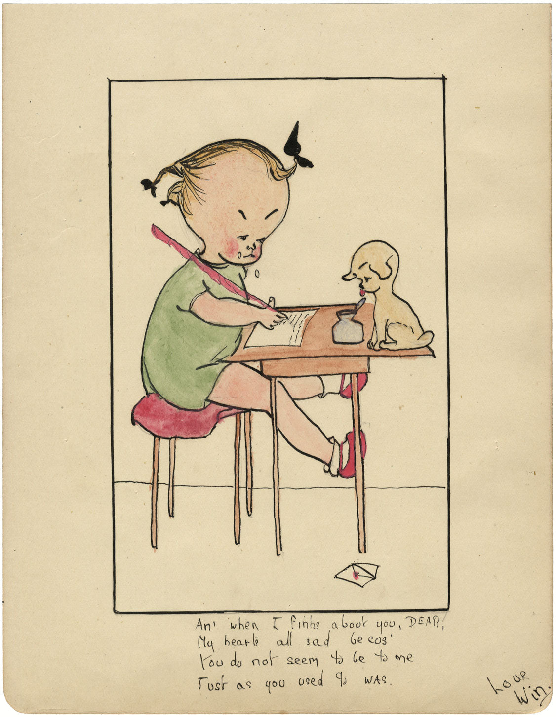 After Mabel Lucie Attwell, Schooldays Cartoon – c.1925 watercolour painting