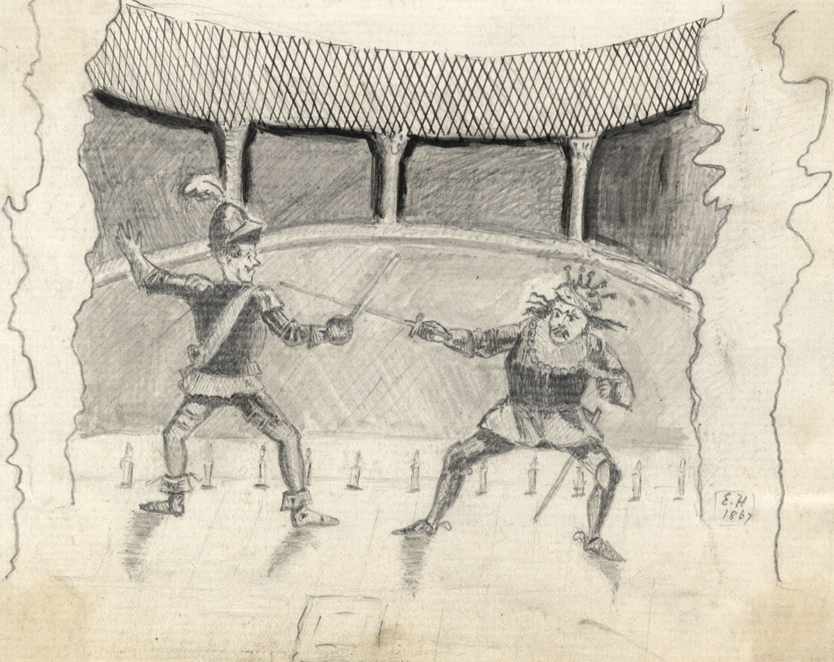 E.H., Sword Fight on the Boards – Original 1867 graphite drawing