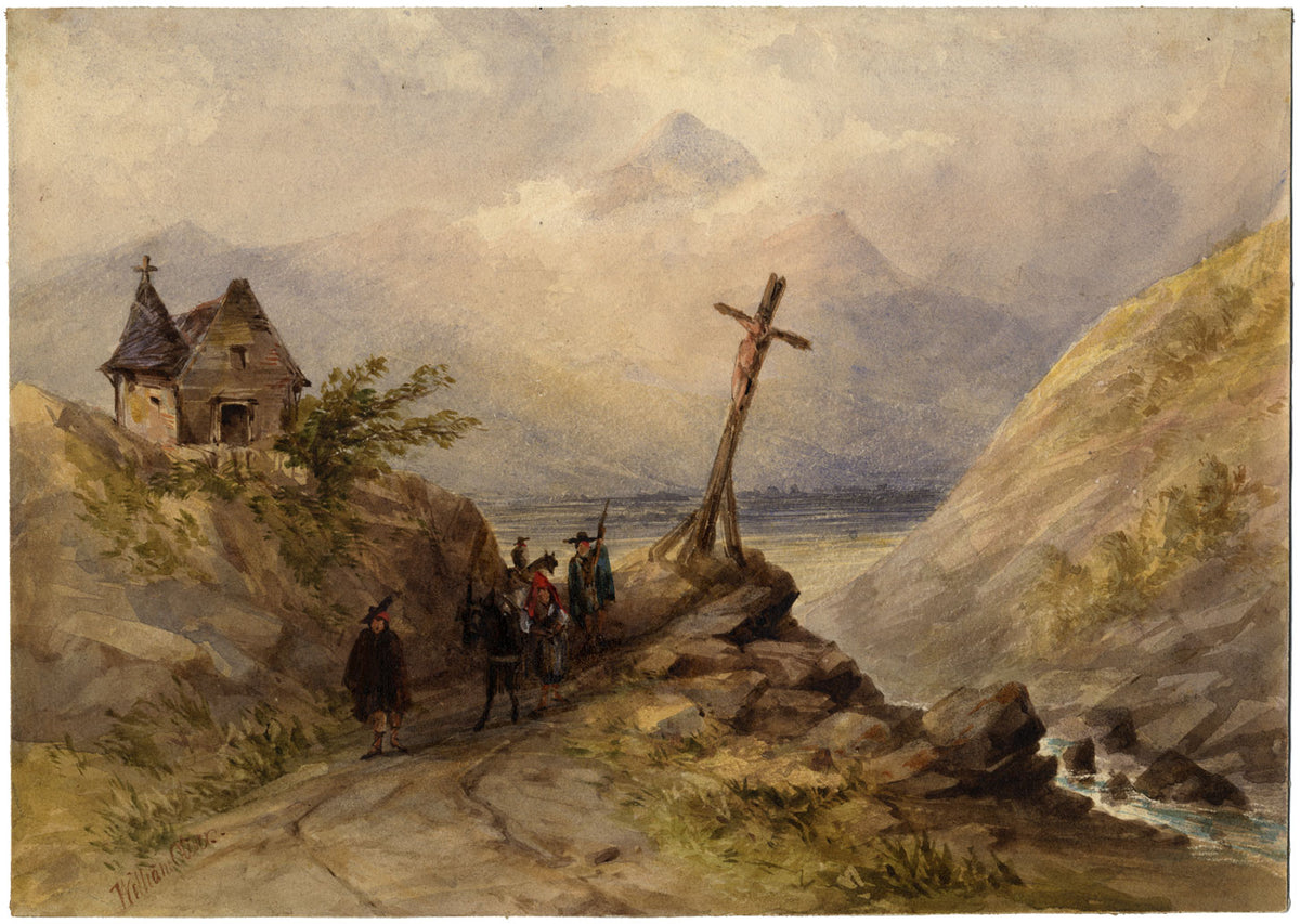 William Oliver RI, Spanish Travellers on a Coastal Path –early C19th watercolour