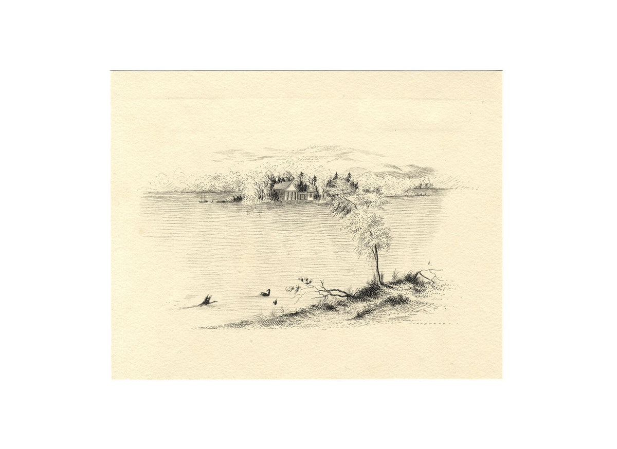 Lakeside Lodge in a Landscape – Disegno originale a penna e inchiostro di fine XIX secolo