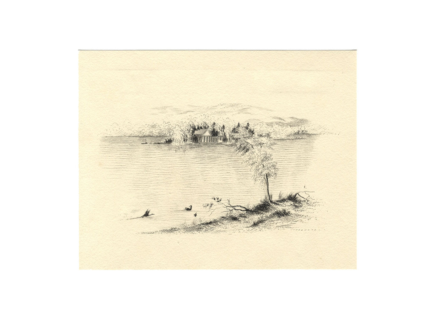 Lakeside Lodge in a Landscape – Disegno originale a penna e inchiostro di fine XIX secolo