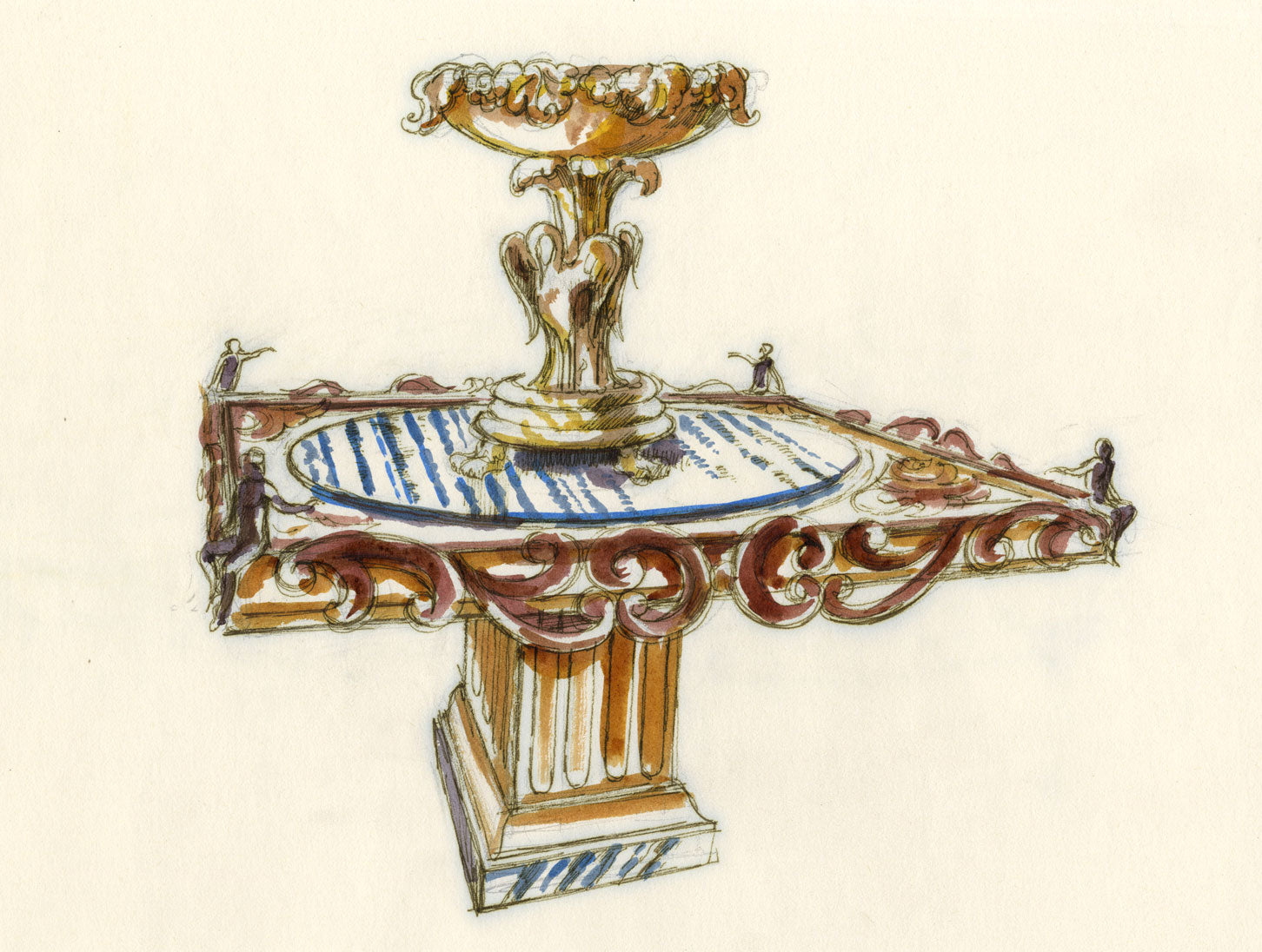 Regency Interior Design: Bronze Tazza on Table – Original ink & wash drawing