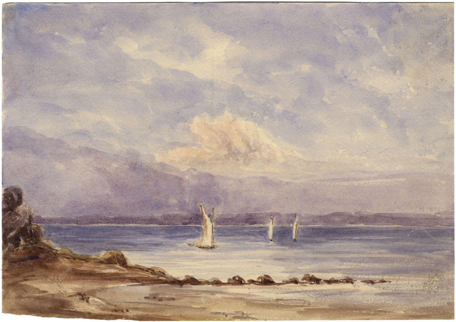 Barche a vela al largo della costa, Isola di Wight – Acquerello originale del 1872