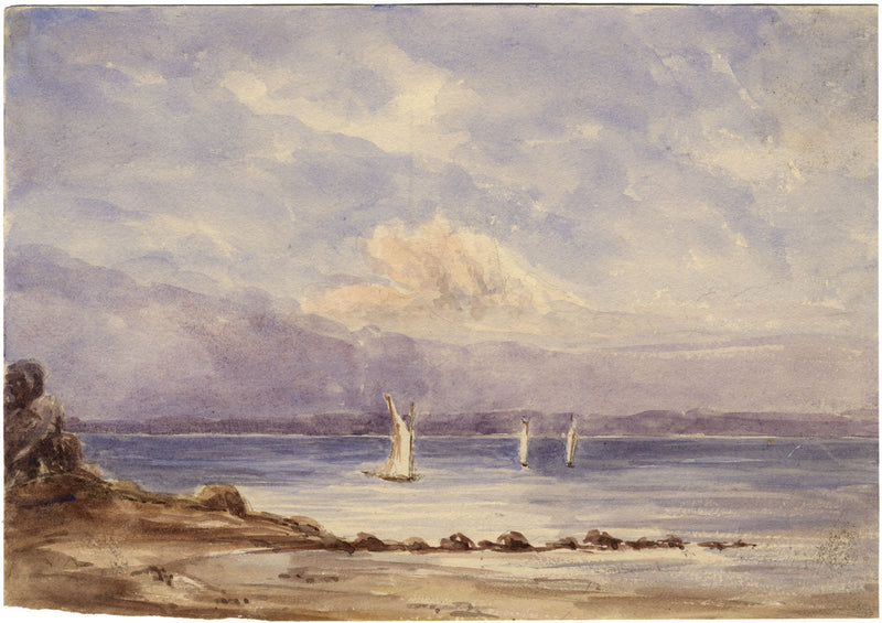 Barche a vela al largo della costa, Isola di Wight – Acquerello originale del 1872