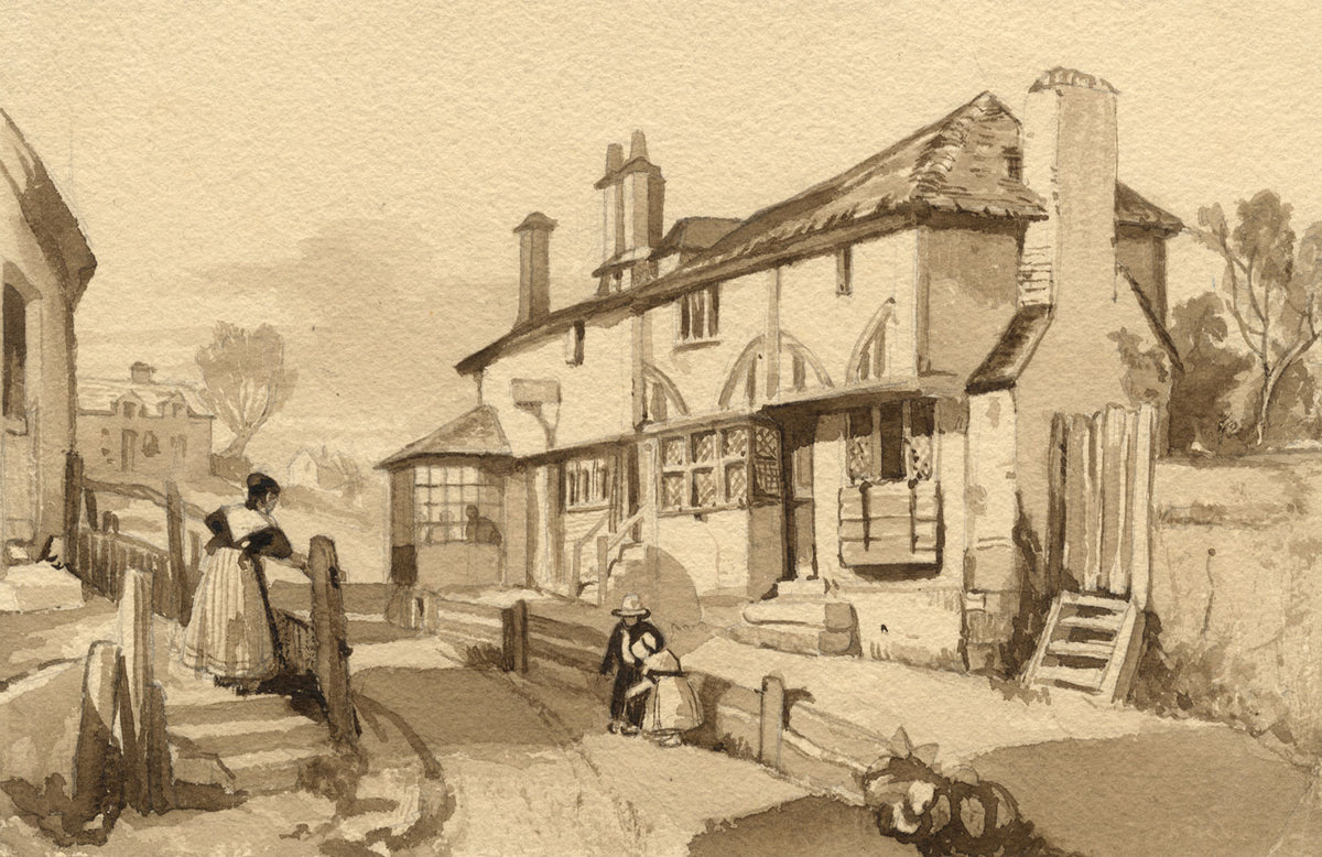 Village Street Scene in Sepia – Original mid-19th-century watercolour painting