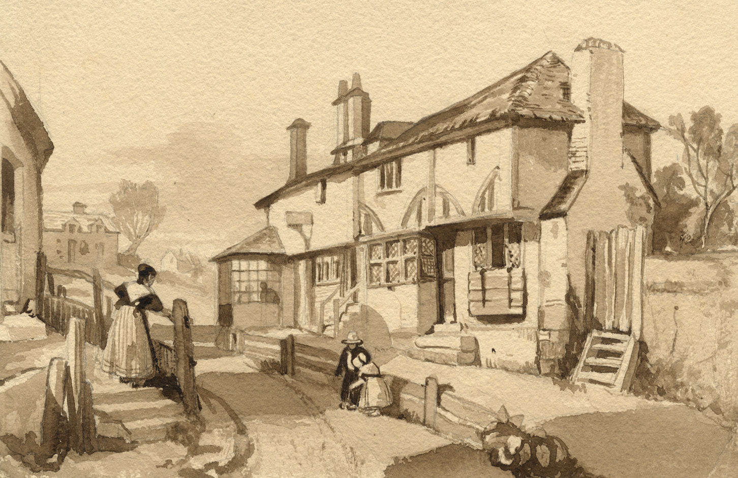 Village Street Scene in Sepia – Original mid-19th-century watercolour painting
