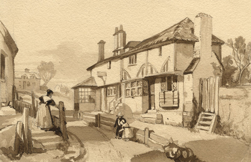 Village Street Scene in Sepia – Original mid-19th-century watercolour painting
