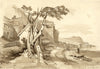 E.C.A.H., Coastal Bay with Figures in Sepia – Original 1855 watercolour painting