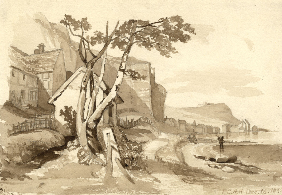 E.C.A.H., Coastal Bay with Figures in Sepia – Original 1855 watercolour painting