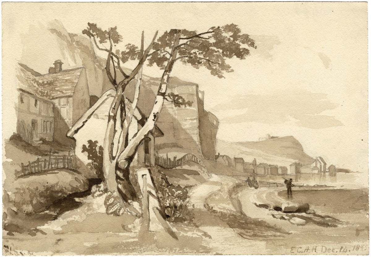 E.C.A.H., Coastal Bay with Figures in Sepia – Original 1855 watercolour painting