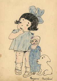 Margorie Marland, Baby Girl with Doll & Puppy – Original 1920s pen & ink drawing