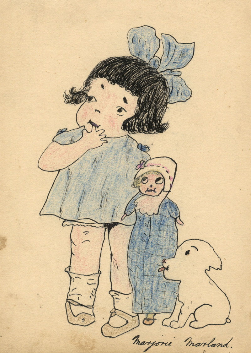 Margorie Marland, Baby Girl with Doll & Puppy – Original 1920s pen & ink drawing