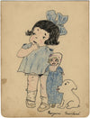 Margorie Marland, Baby Girl with Doll & Puppy – Original 1920s pen & ink drawing
