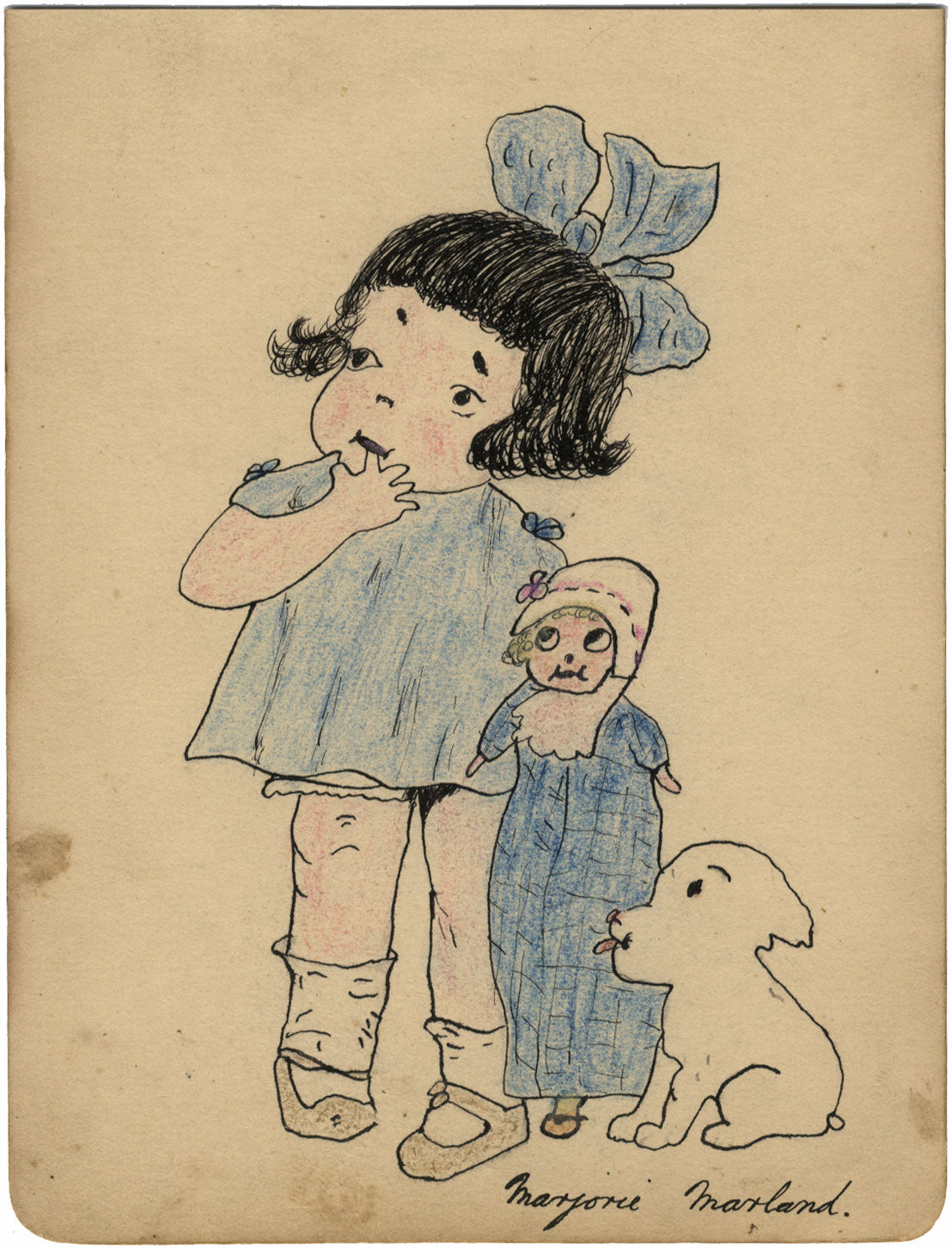 Margorie Marland, Baby Girl with Doll & Puppy – Original 1920s pen & ink drawing