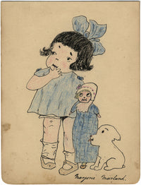 Margorie Marland, Baby Girl with Doll & Puppy – Original 1920s pen & ink drawing