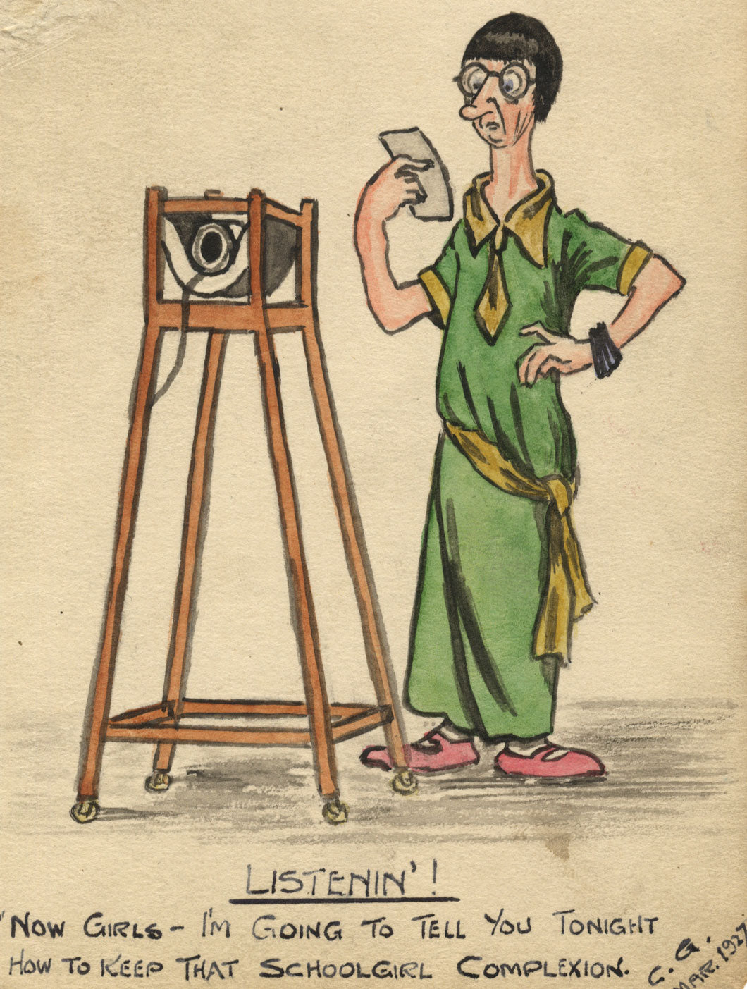 C.G., 'How to Keep that Schoolgirl Complexion' Cartoon – 1927 watercolour