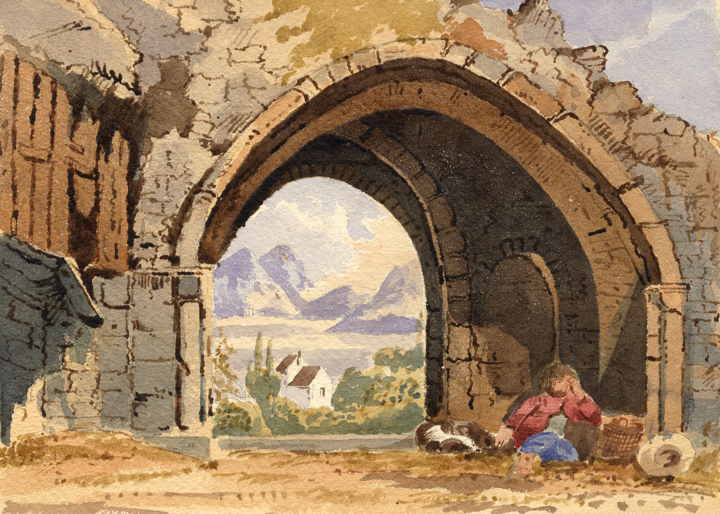 Continental Scene with Resting Peasant – mid-19th-century watercolour painting