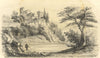 E.B., Clifftop Castle Overlooking Bay – mid-19th-century graphite drawing