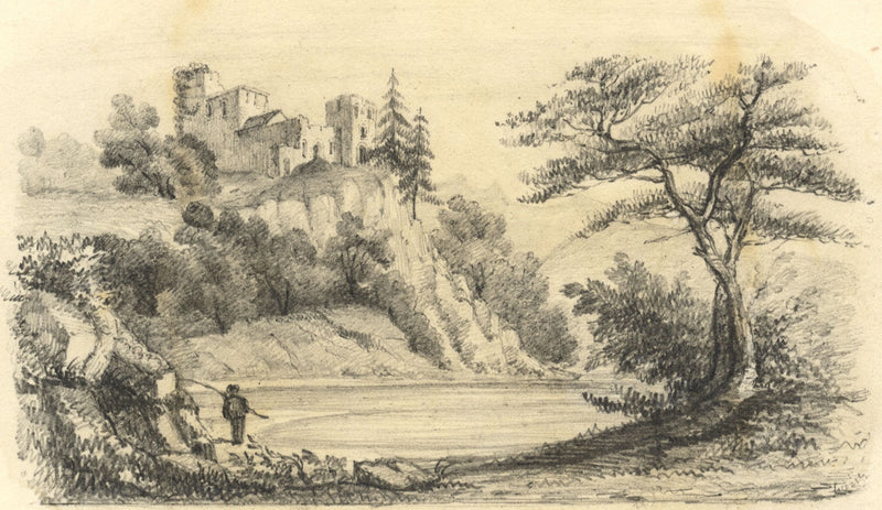 E.B., Clifftop Castle Overlooking Bay – mid-19th-century graphite drawing