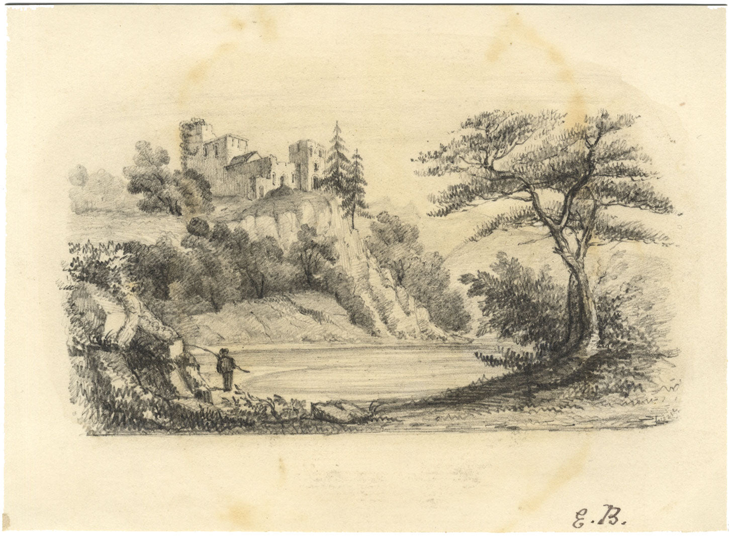 EB, Castello sulla scogliera che domina la baia – disegno a grafite della metà del XIX secolo