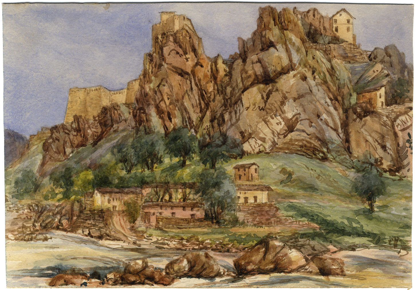 Cittadella di Corte, Corsica, Francia – Dipinto originale ad acquerello del 1862 circa