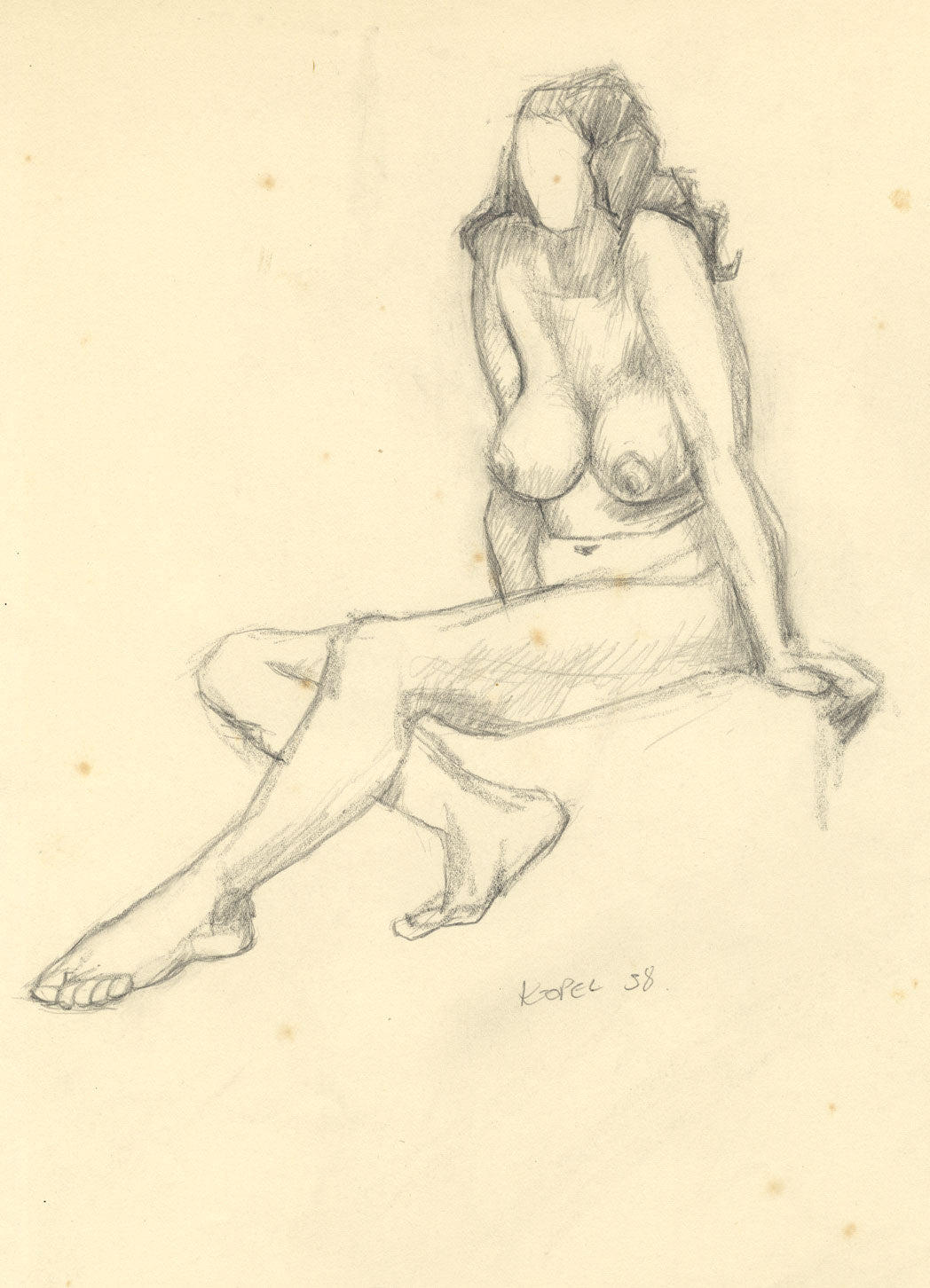 Harold Kopel ROI, Female Nude Life Study, Sitting Pose 2 – 1958 graphite drawing