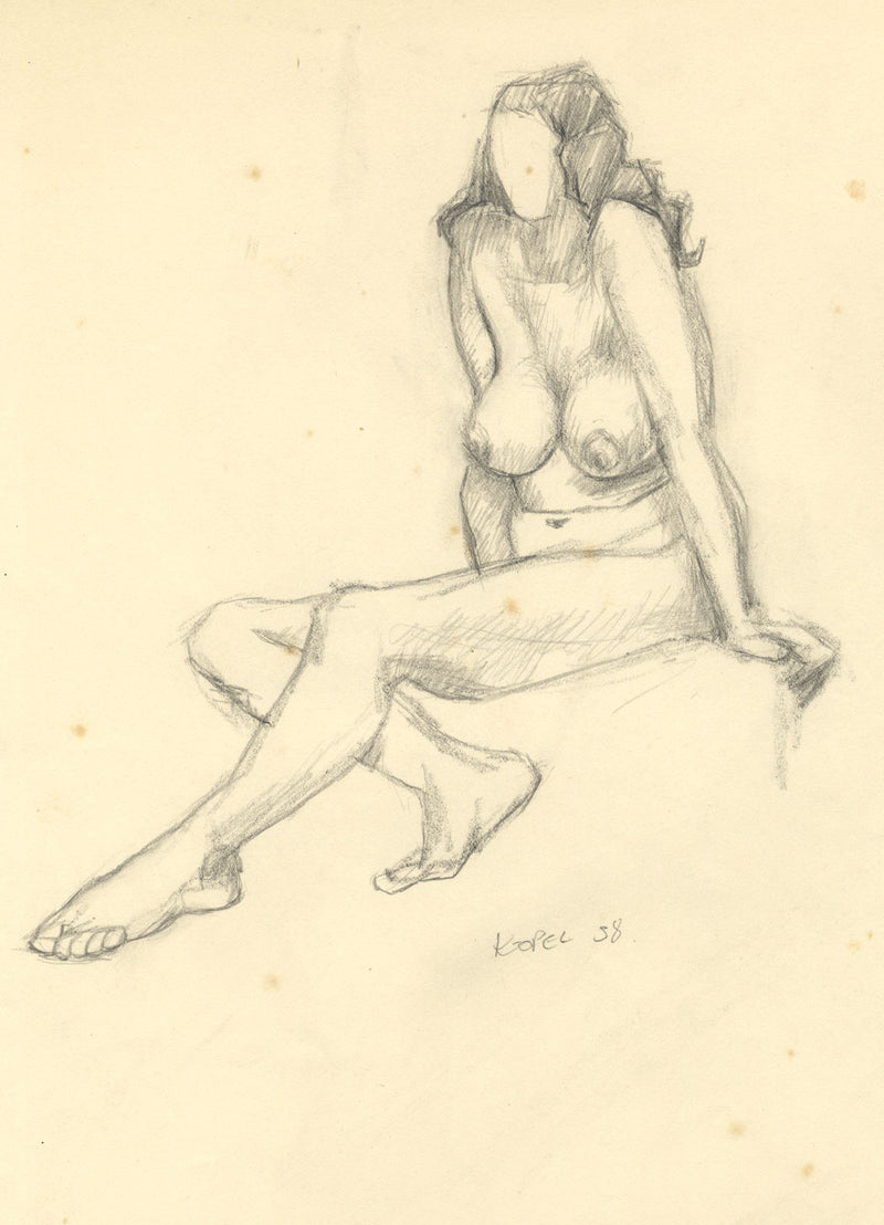 Harold Kopel ROI, Female Nude Life Study, Sitting Pose 2 – 1958 graphite drawing