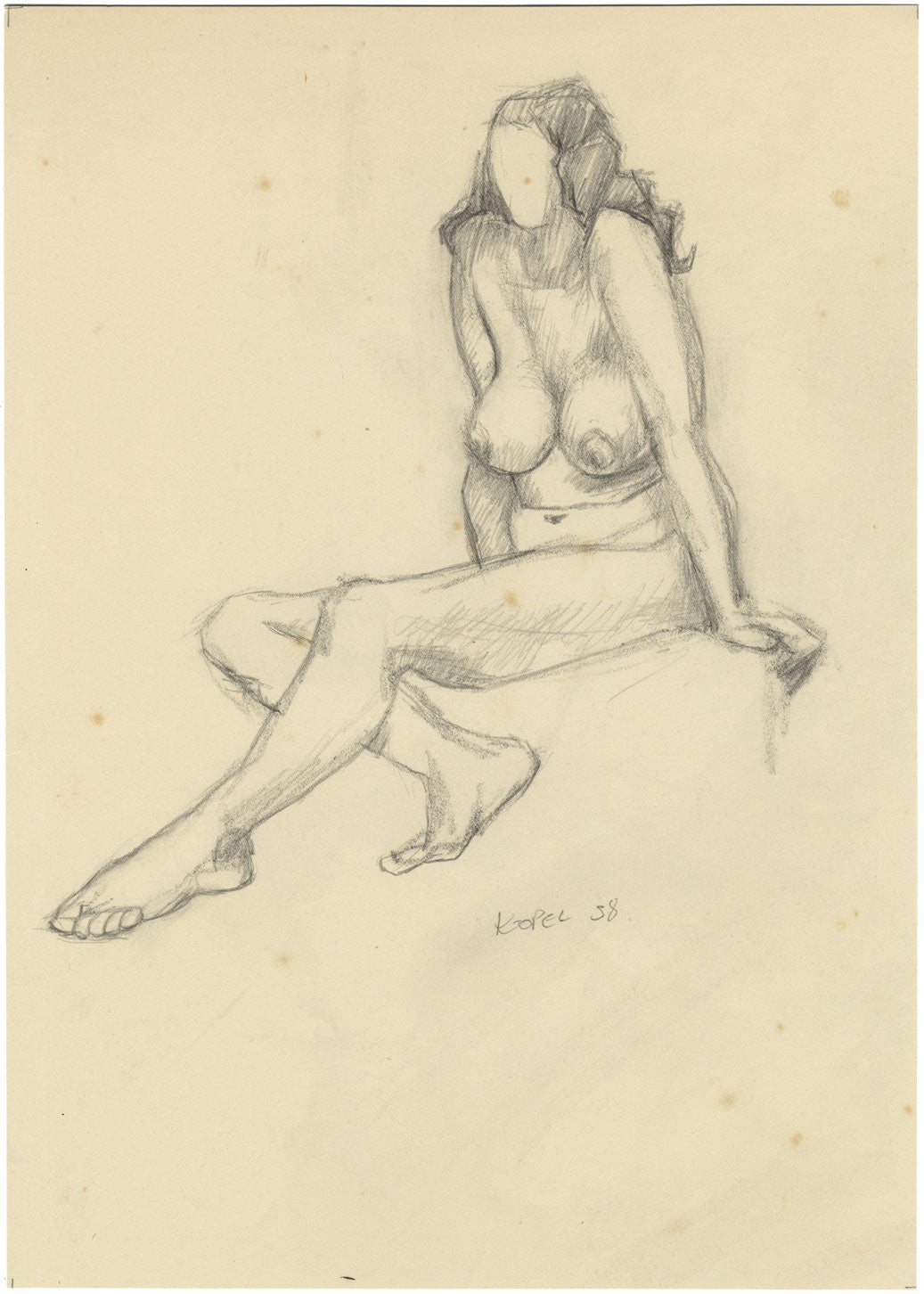 Harold Kopel ROI, Female Nude Life Study, Sitting Pose 2 – 1958 graphite drawing