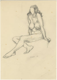 Harold Kopel ROI, Estudio de desnudo femenino en vivo, pose sentada 2 – Dibujo a grafito de 1958