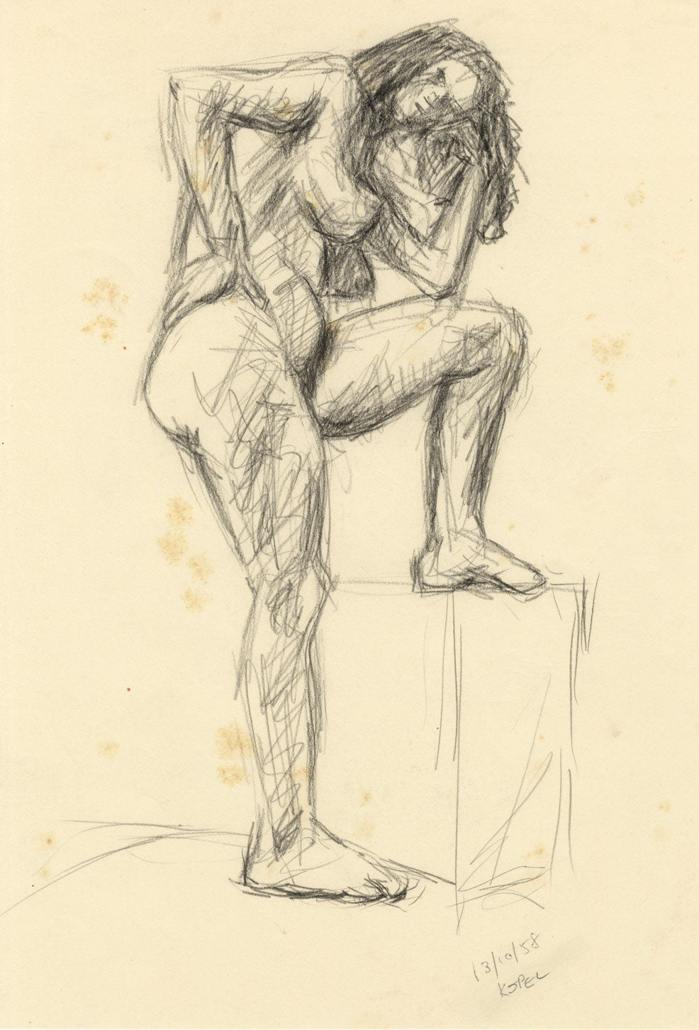 Harold Kopel ROI, Female Nude Life Study, Standing Pose – 1958 charcoal drawing