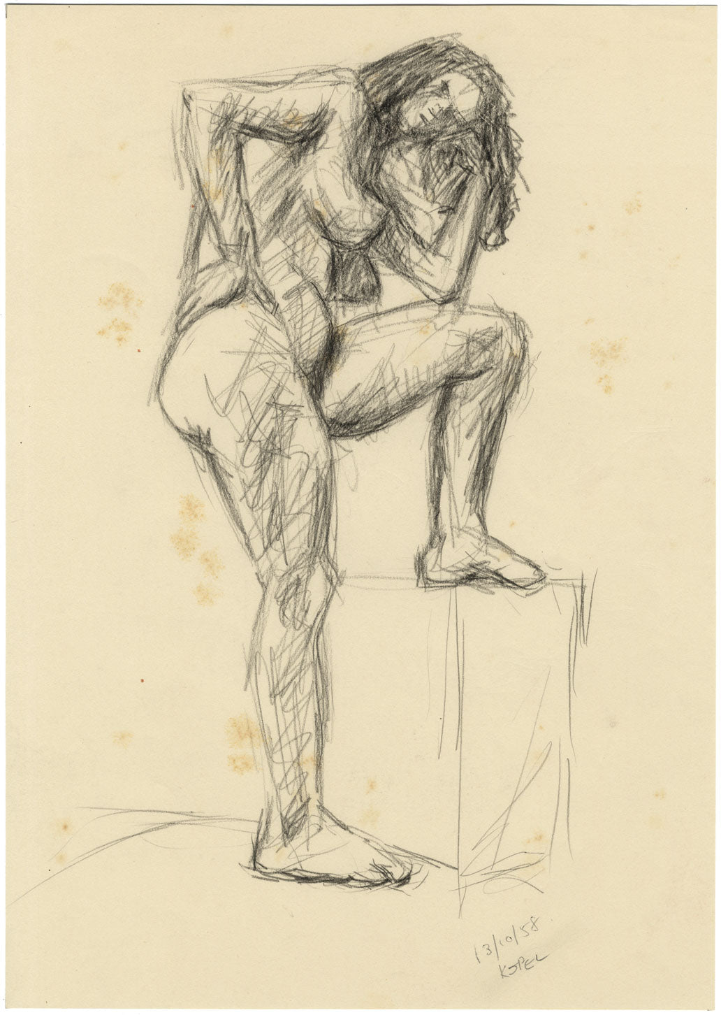 Harold Kopel ROI, Female Nude Life Study, Standing Pose – 1958 charcoal drawing