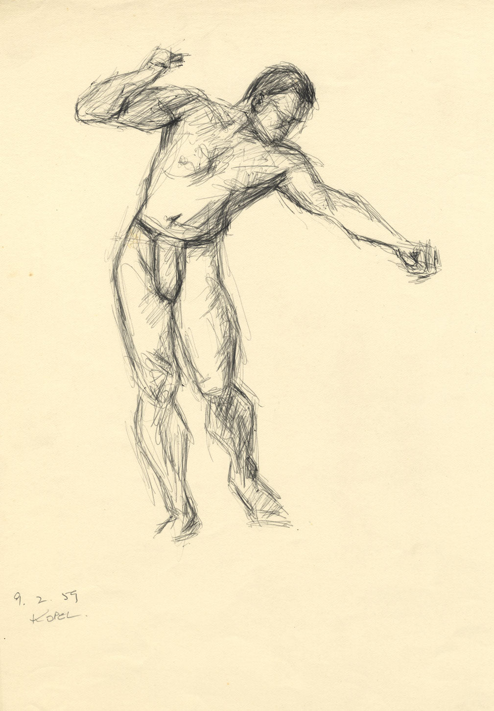 Harold Kopel ROI, Male Nude Life Study, Standing Pose – 1959 pen & ink drawing