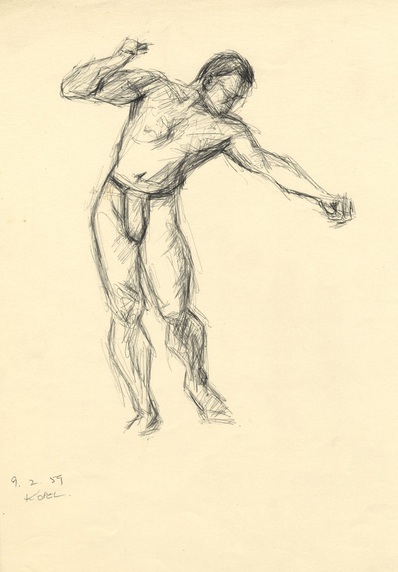 Harold Kopel ROI, Male Nude Life Study, Standing Pose – 1959 pen & ink drawing