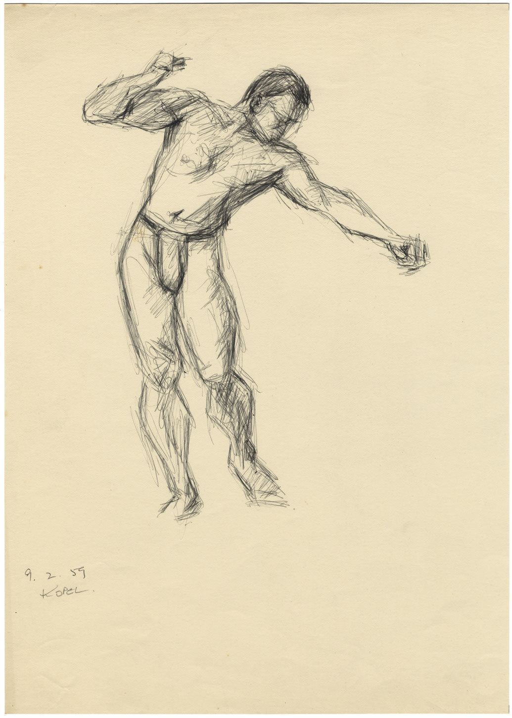 Harold Kopel ROI, Male Nude Life Study, Standing Pose – 1959 pen & ink drawing