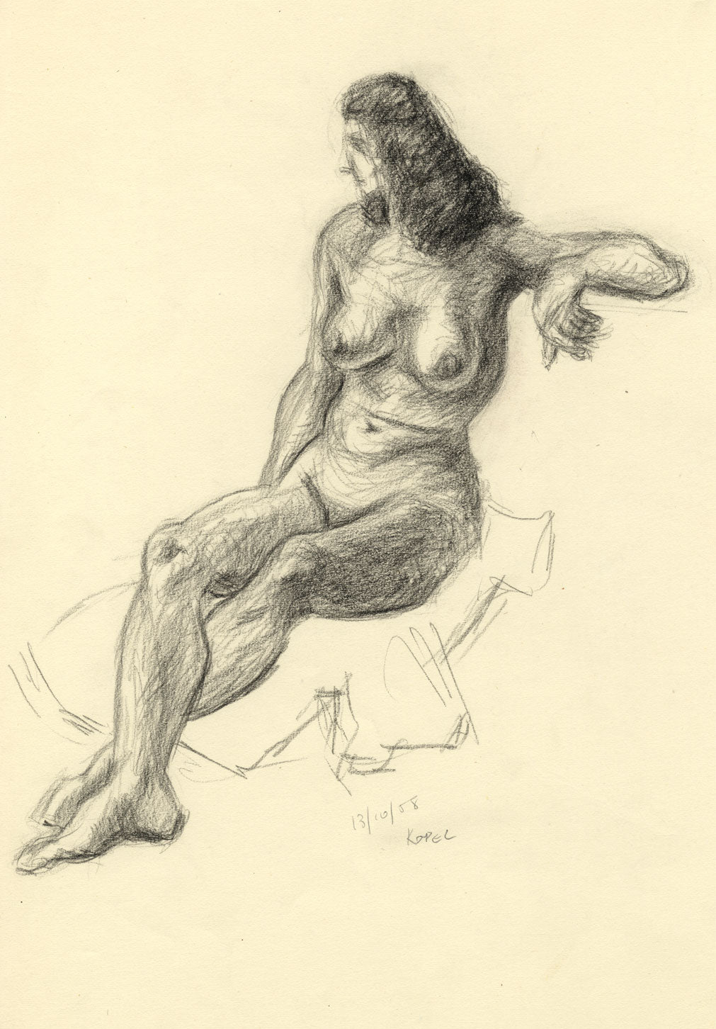Harold Kopel ROI, Female Nude Life Study, Sitting Pose 3 – 1958 charcoal drawing
