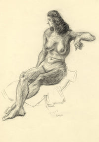 Harold Kopel ROI, Female Nude Life Study, Sitting Pose 3 – 1958 charcoal drawing