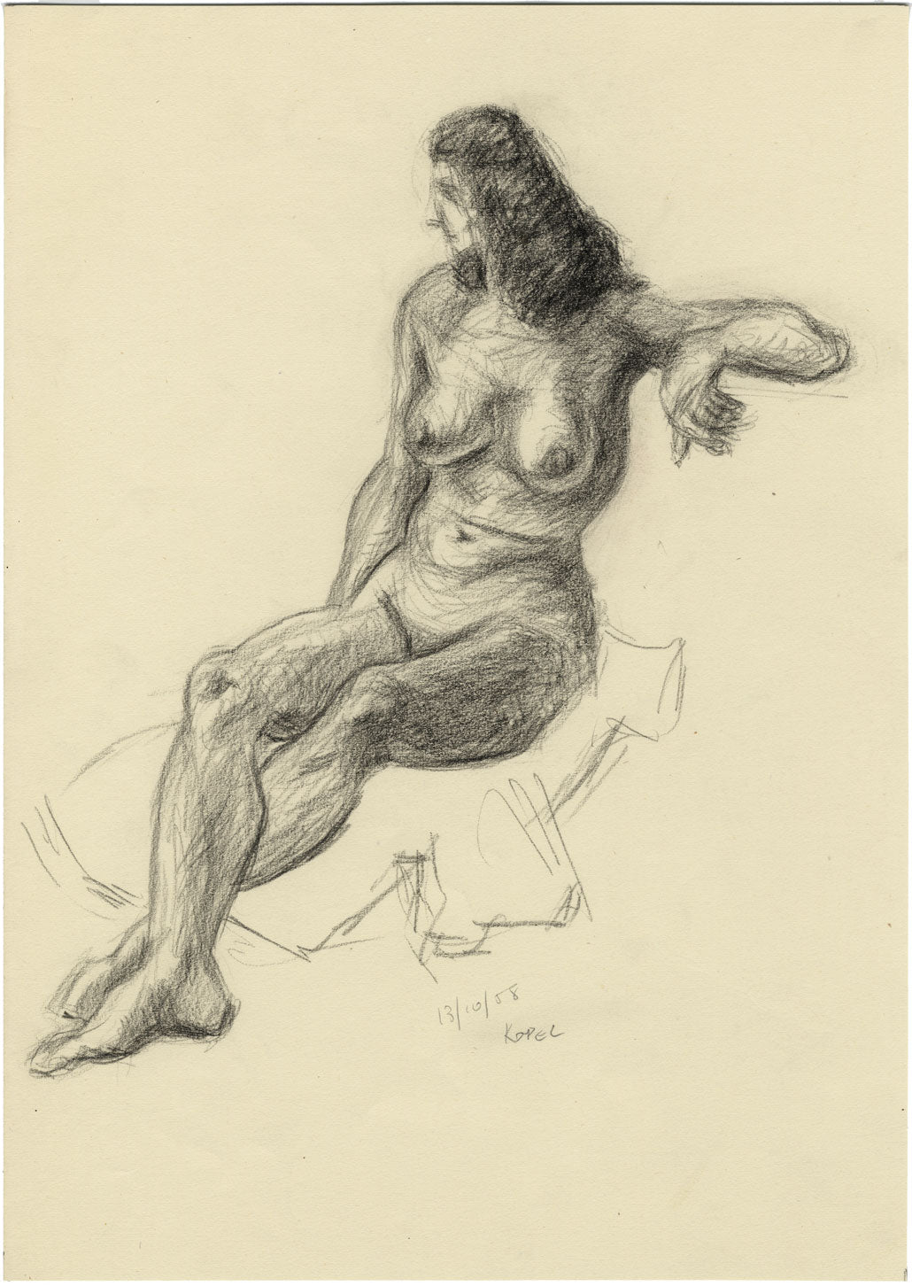 Harold Kopel ROI, Female Nude Life Study, Sitting Pose 3 – 1958 charcoal drawing