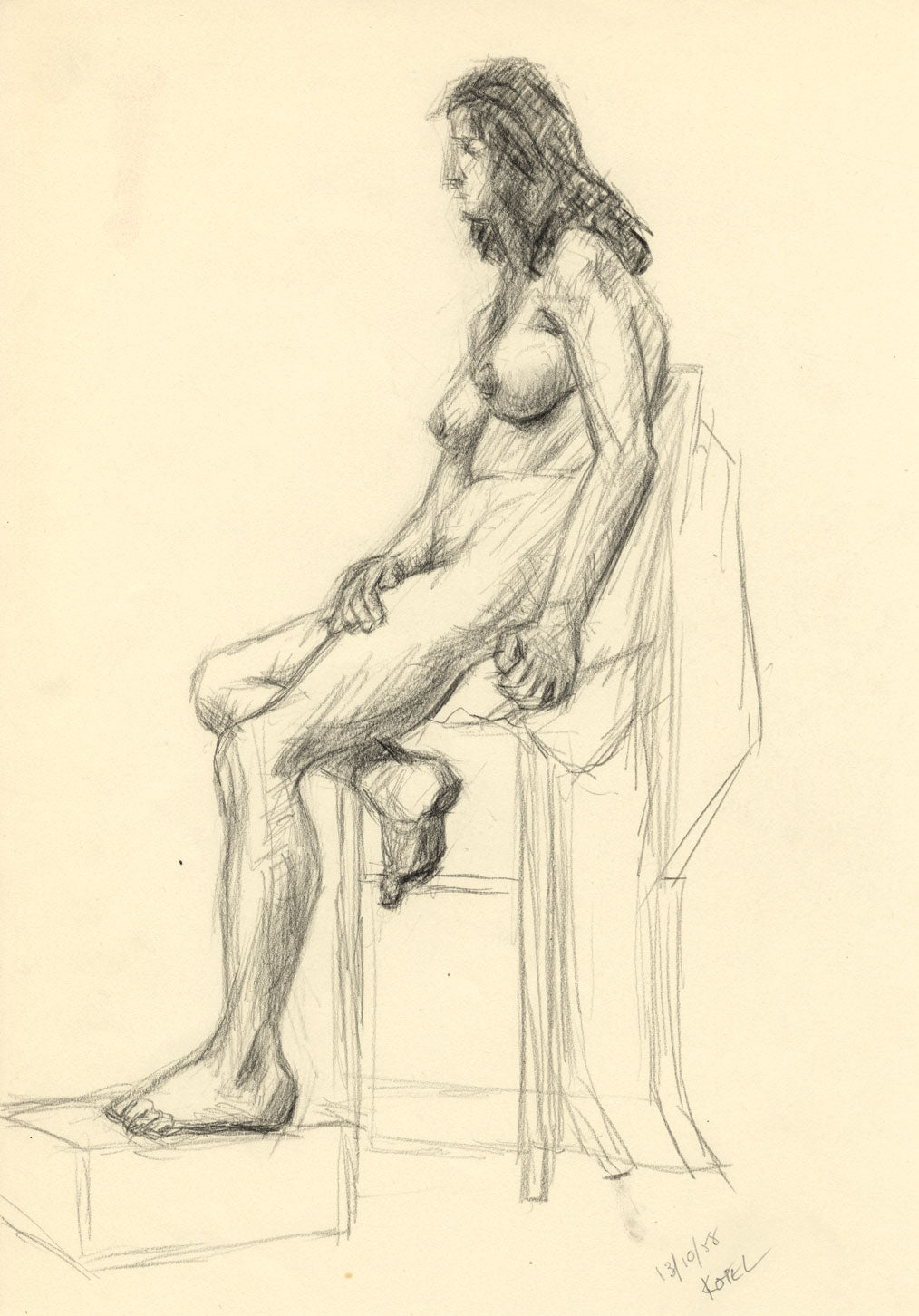 Harold Kopel ROI, Female Nude Life Study, Sitting Pose 4 – 1958 charcoal drawing