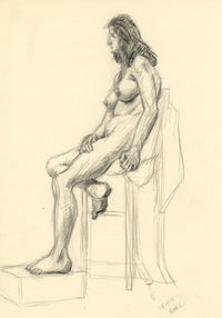 Harold Kopel ROI, Female Nude Life Study, Sitting Pose 4 – 1958 charcoal drawing