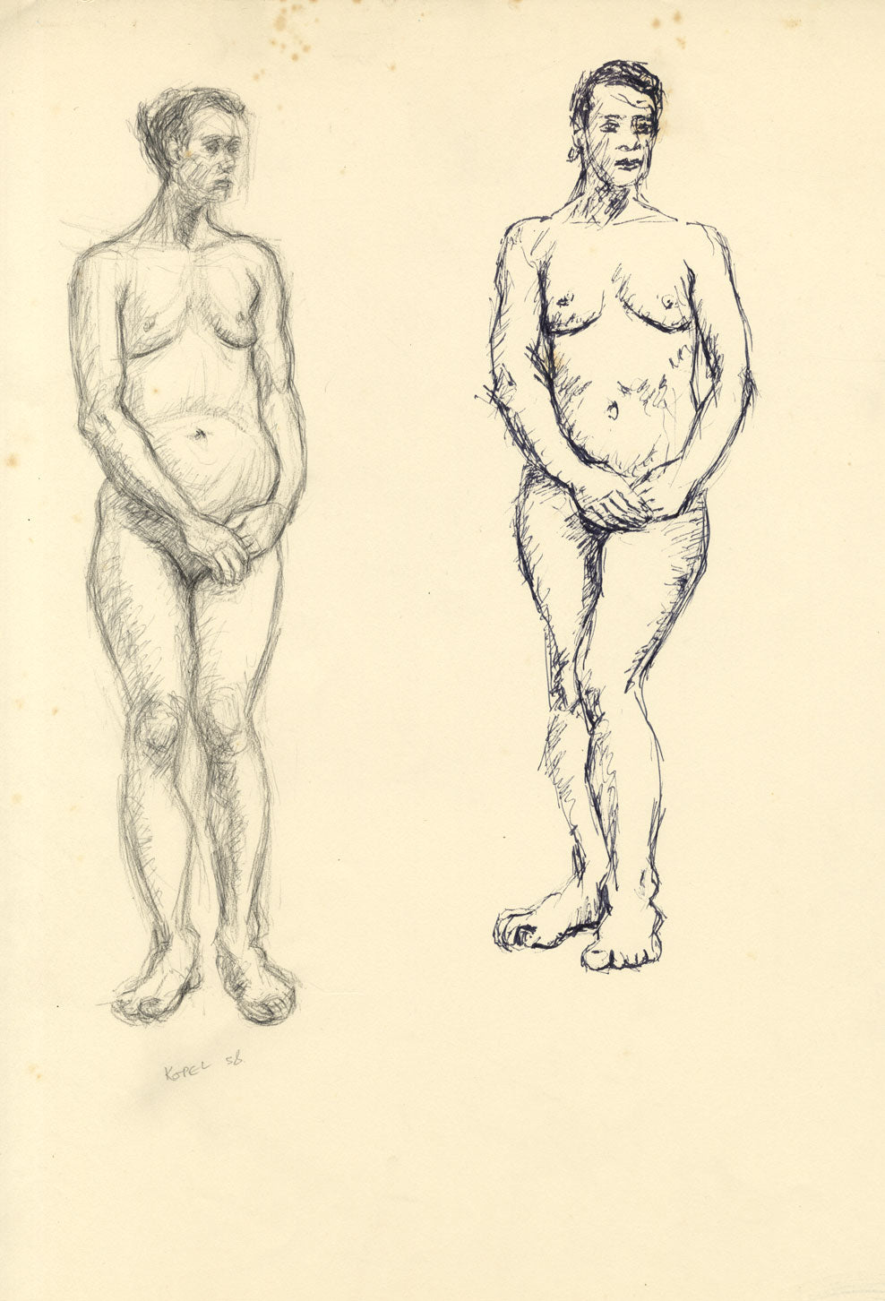 Harold Kopel ROI, Female Nude Life Study, Standing Poses –1958 pen & ink drawing