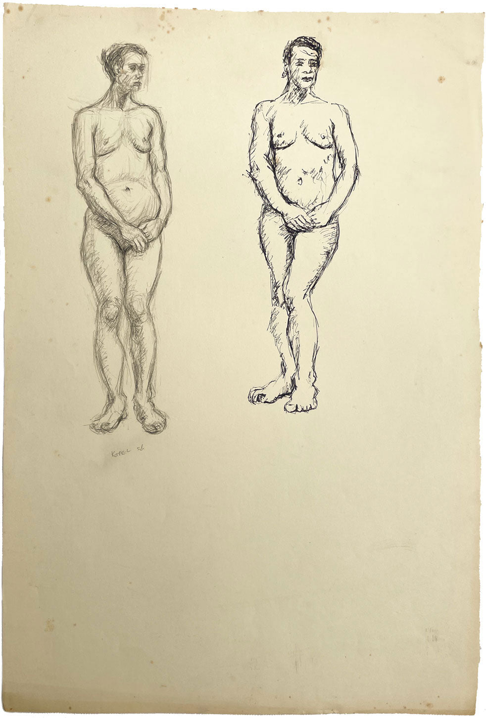 Harold Kopel ROI, Female Nude Life Study, Standing Poses –1958 pen & ink drawing