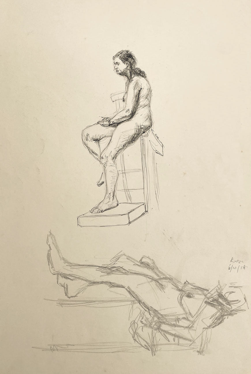 Harold Kopel ROI, Female Nude Life Study, Seated & Standing – 1958 ink drawing