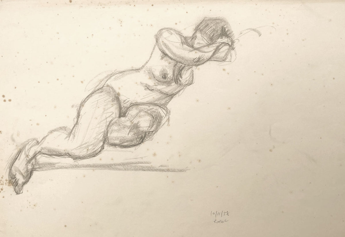 Harold Kopel ROI, Reclining Female Nude Life Study – 1958 graphite drawing
