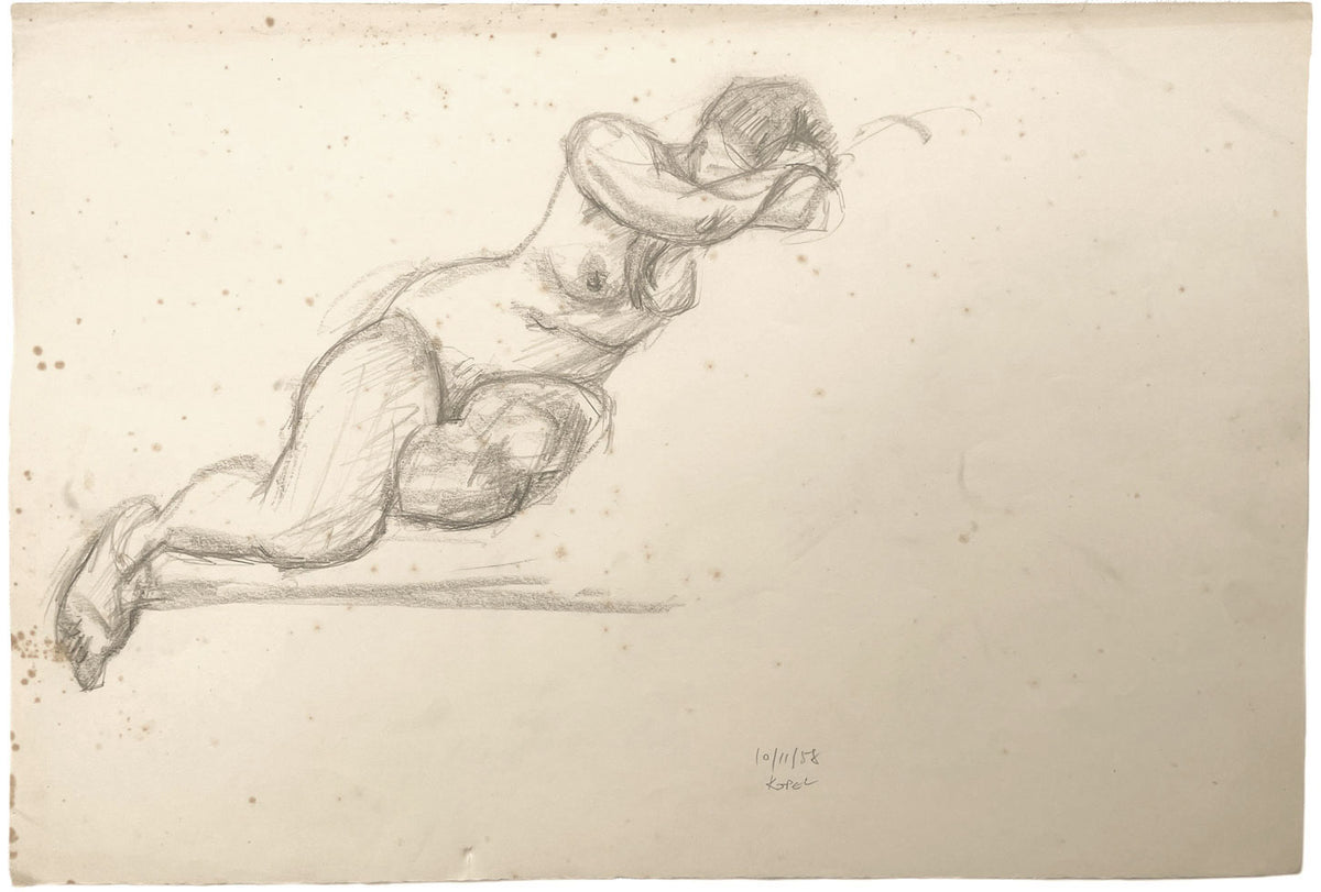 Harold Kopel ROI, Reclining Female Nude Life Study – 1958 graphite drawing