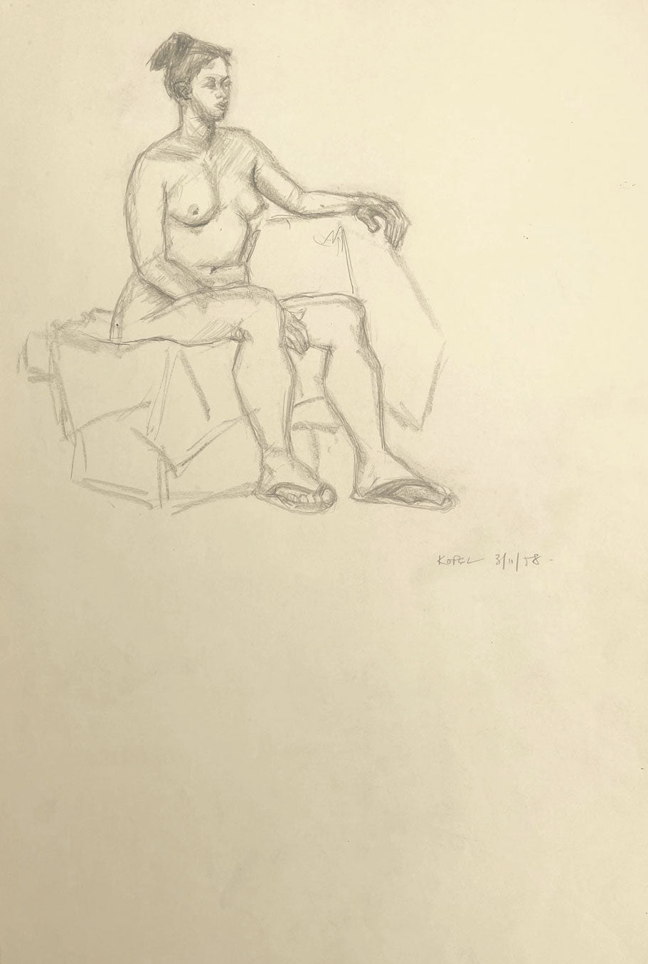 Harold Kopel ROI, Female Nude Life Study, Sitting Pose 5 – 1958 graphite drawing