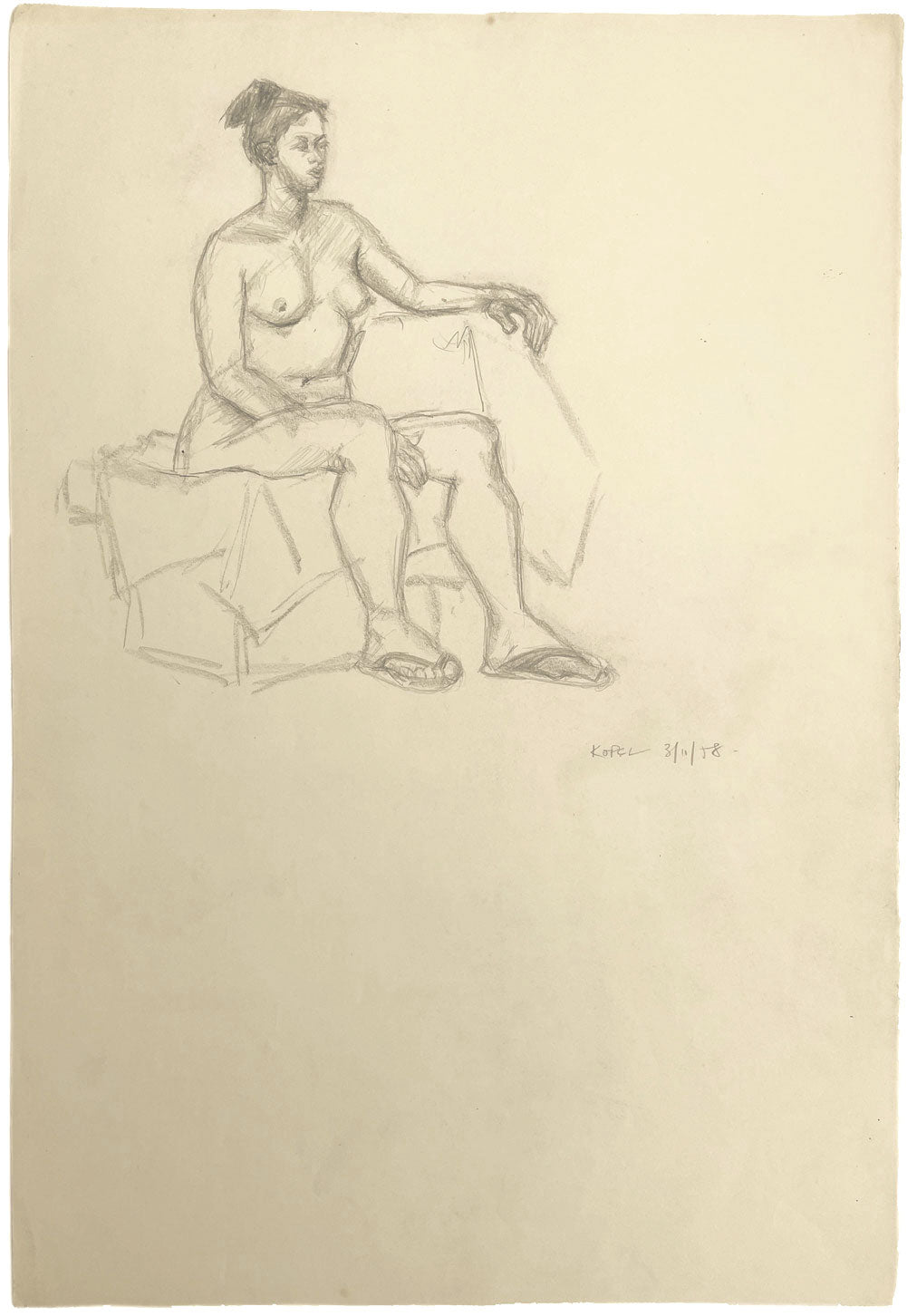 Harold Kopel ROI, Female Nude Life Study, Sitting Pose 5 – 1958 graphite drawing