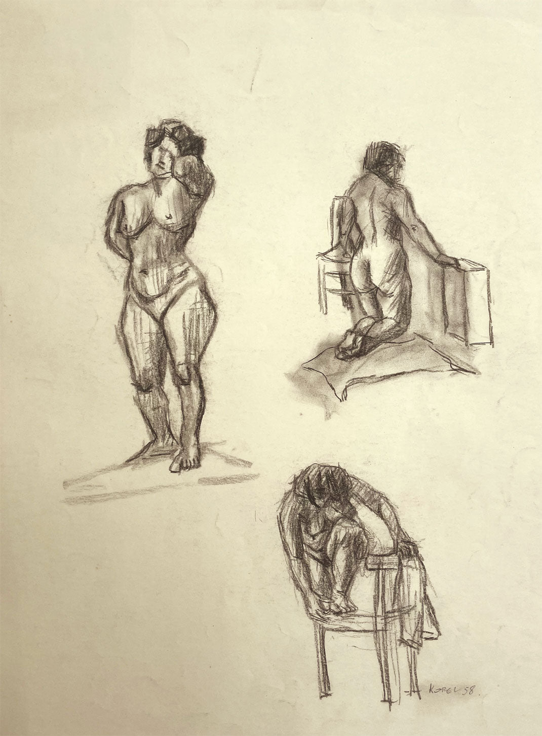 Harold Kopel ROI, Female Nude Life Study, Various Poses – 1958 charcoal drawing