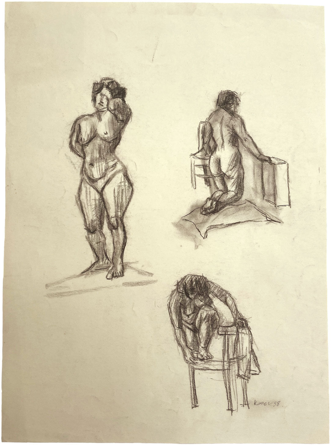 Harold Kopel ROI, Estudio de desnudo femenino en vivo, varias poses – Dibujo al carboncillo de 1958