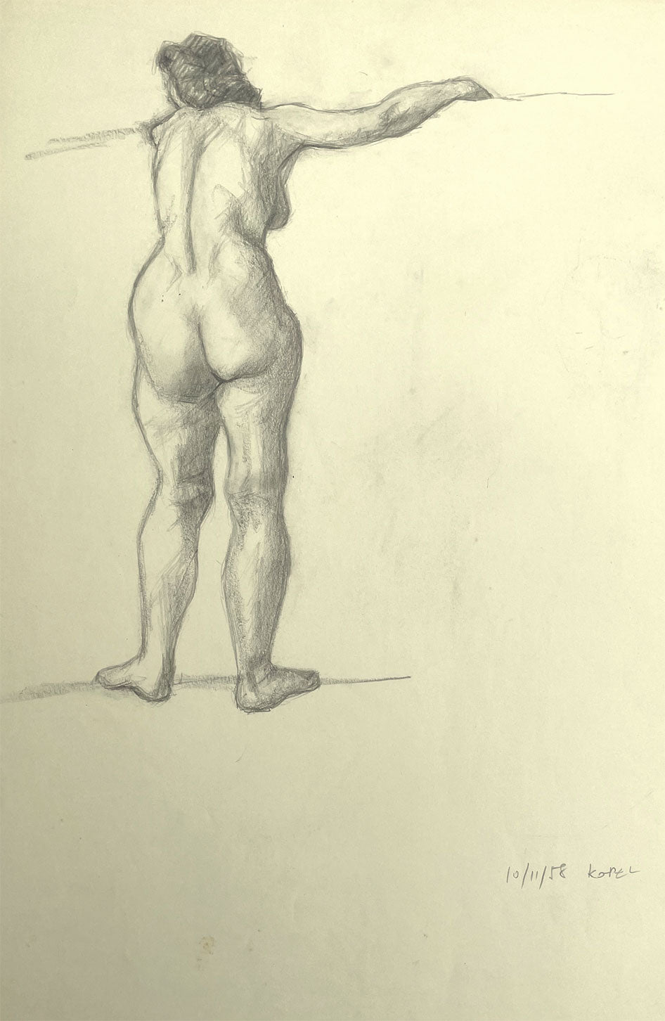 Harold Kopel ROI, Standing Female Nude Life Study – 1958 graphite drawing
