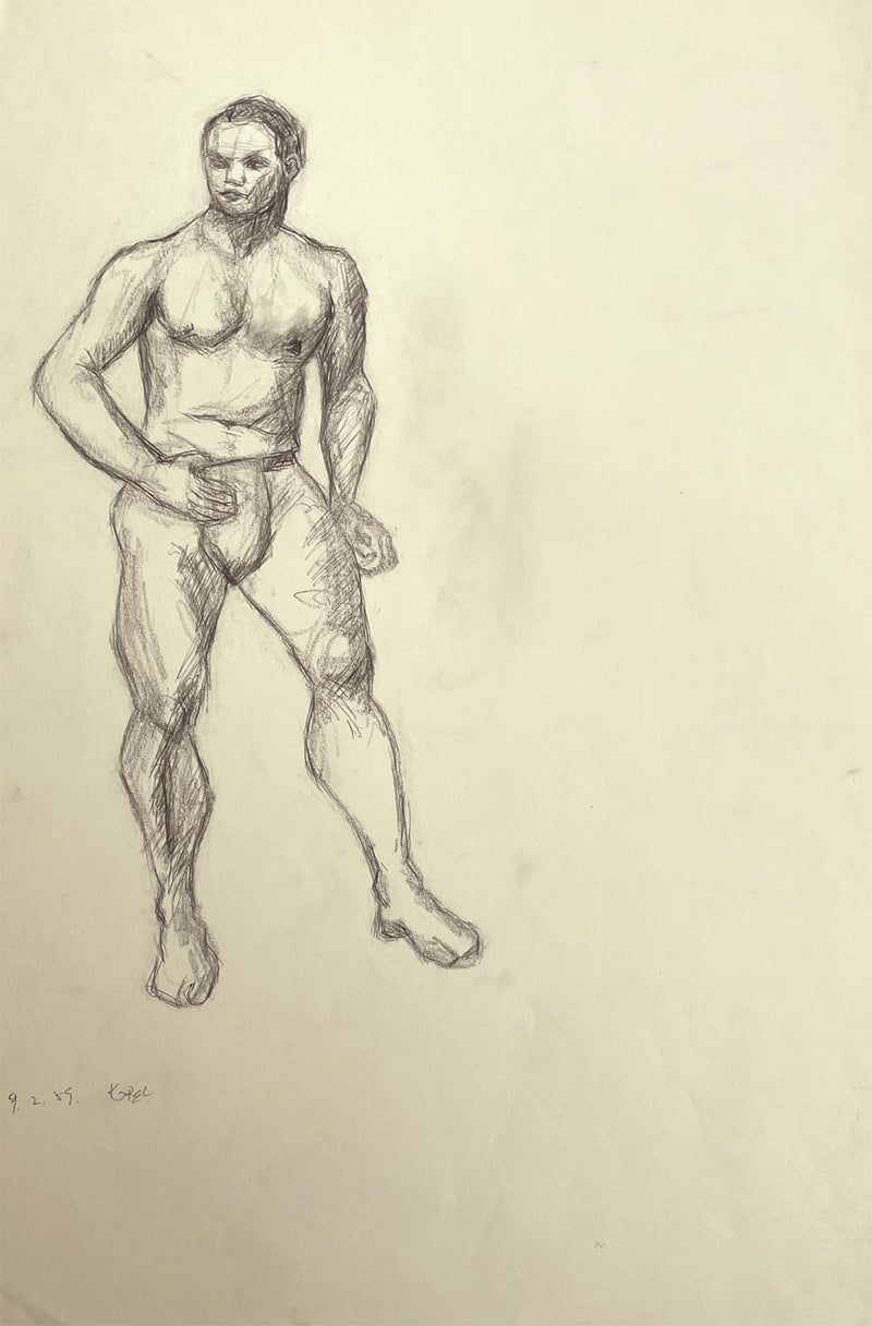 Harold Kopel ROI, Male Nude Life Study, Standing Pose 2 – 1959 pen & ink drawing